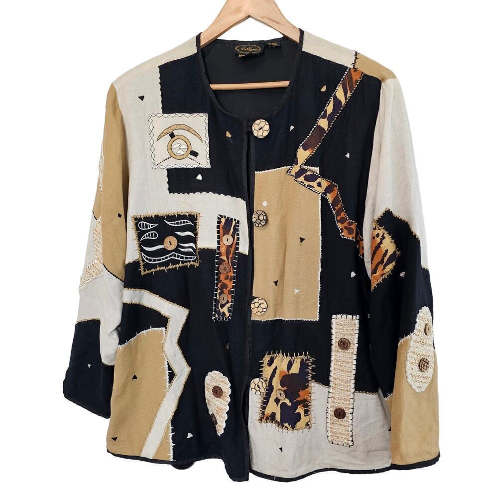 Vintage Allure Blazer Womens Size 1X Black 3D Animal Print 90s Art To Wear Boho